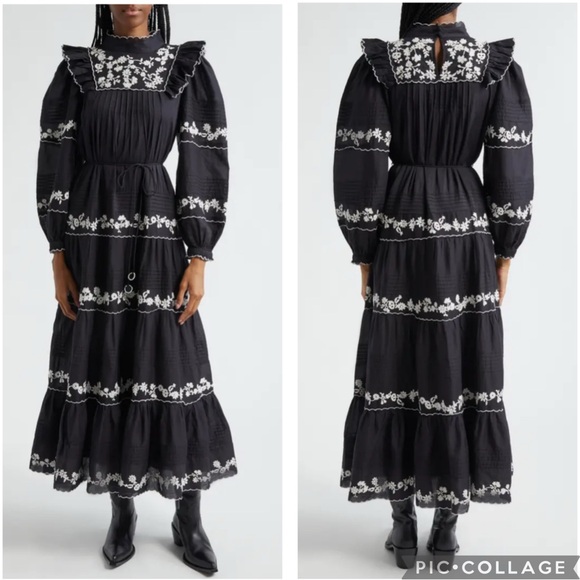 FARM Rio‎ Embroidered Long Sleeve Tiered Maxi Dress Black XS - Picture 2 of 12